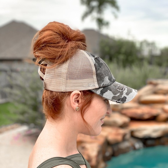 Distressed OLIVE GREEN Camo Criss-Cross High Pony Ball Cap - Picture 6 of 7